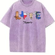 Embroidered Texas Cowboy Vintage Washed T-Shirt in Purple