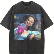 Laughing Glam Doll with a Drink Vintage Washed T-Shirt in Black