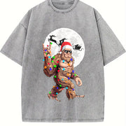 Retro Bigfoot Claus Christmas Vintage Washed T-Shirt in Gray