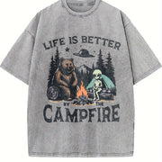 Retro Bear and Alien Life Is Better by the Campfire 90s Vintage Washed T-Shirt in Gray