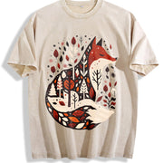 Folk Art Bohemian Fox and Tree Vintage Washed T-Shirt in Beige