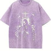Virgin Mary Praying Faded Retro Style vintage washed oversized T-shirt in Purple