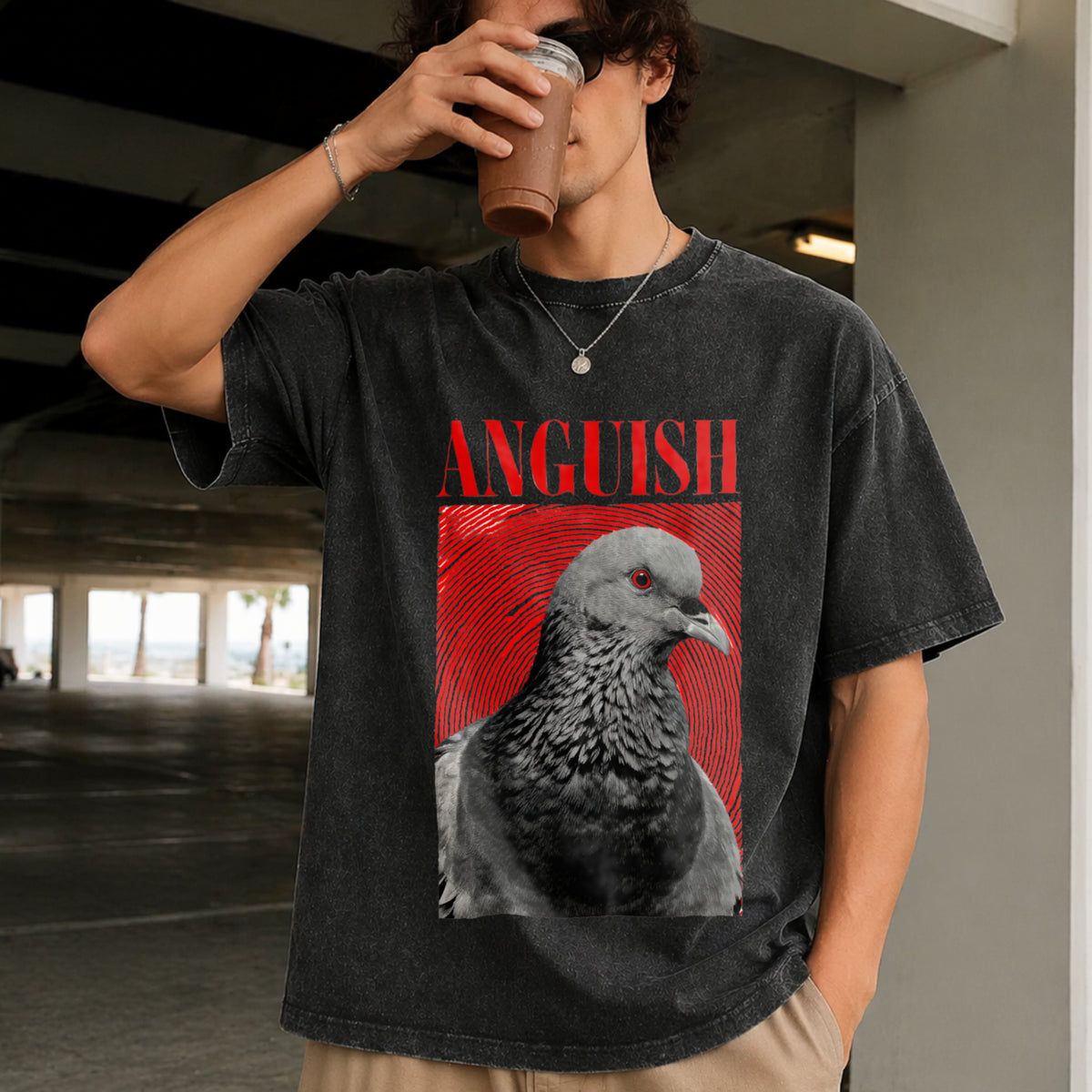 Anguish Bird Retro Vintage Washed T-Shirt in Black