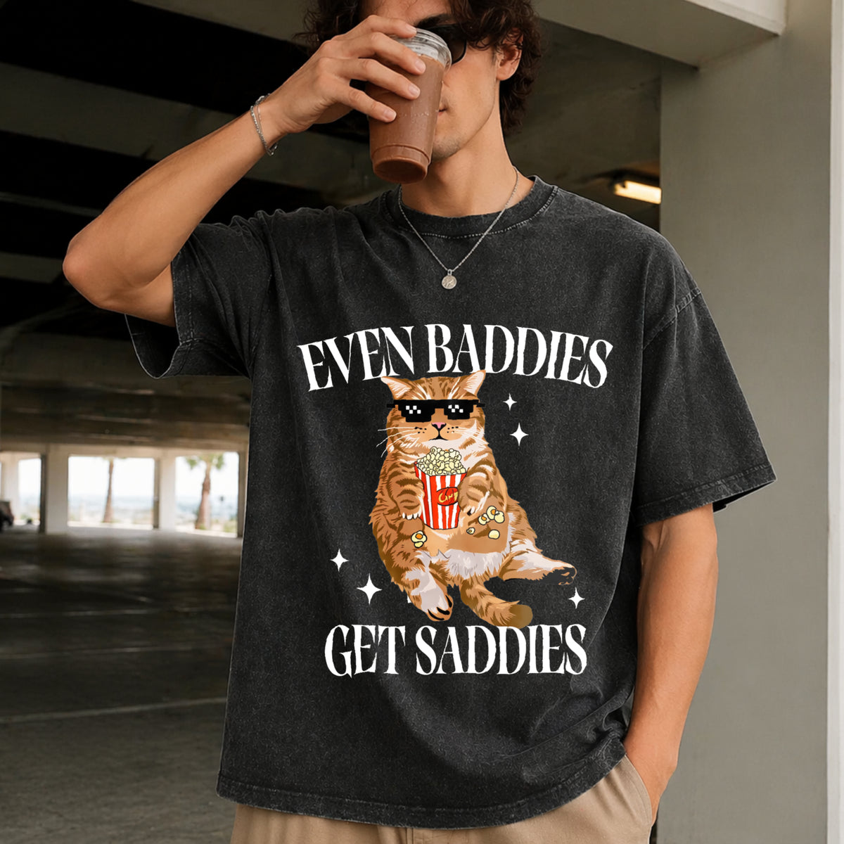 Even Baddies Get Saddies Cat Vintage Washed T-Shirt in Black