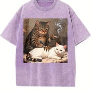 Smoking Cat Tattooing a White Cat Vintage Washed T-Shirt in Purple