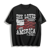 She Loves Jesus and America Too Tank Cotton T-Shirt in Black
