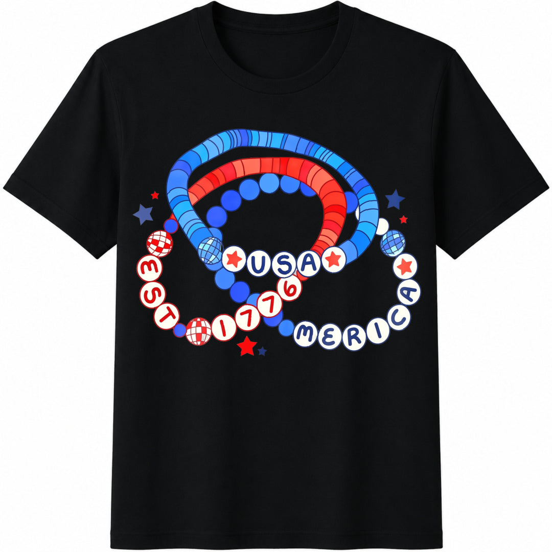 USA 4th of July: Merica Friendship Bracelet Cotton T-Shirt in Black