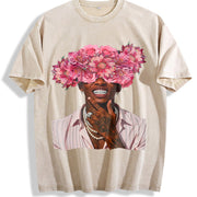 Floral Head Portrait Tank Vintage Washed T-Shirt in Beige