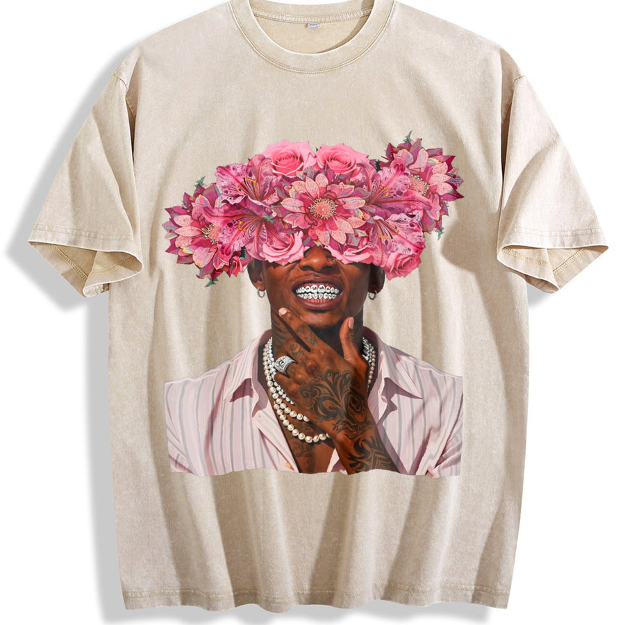 Floral Head Portrait Tank Vintage Washed T-Shirt in Beige