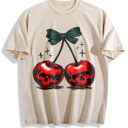 Heavy-duty Dark Grey with Red Cherries Vintage Washed T-Shirt in Beige