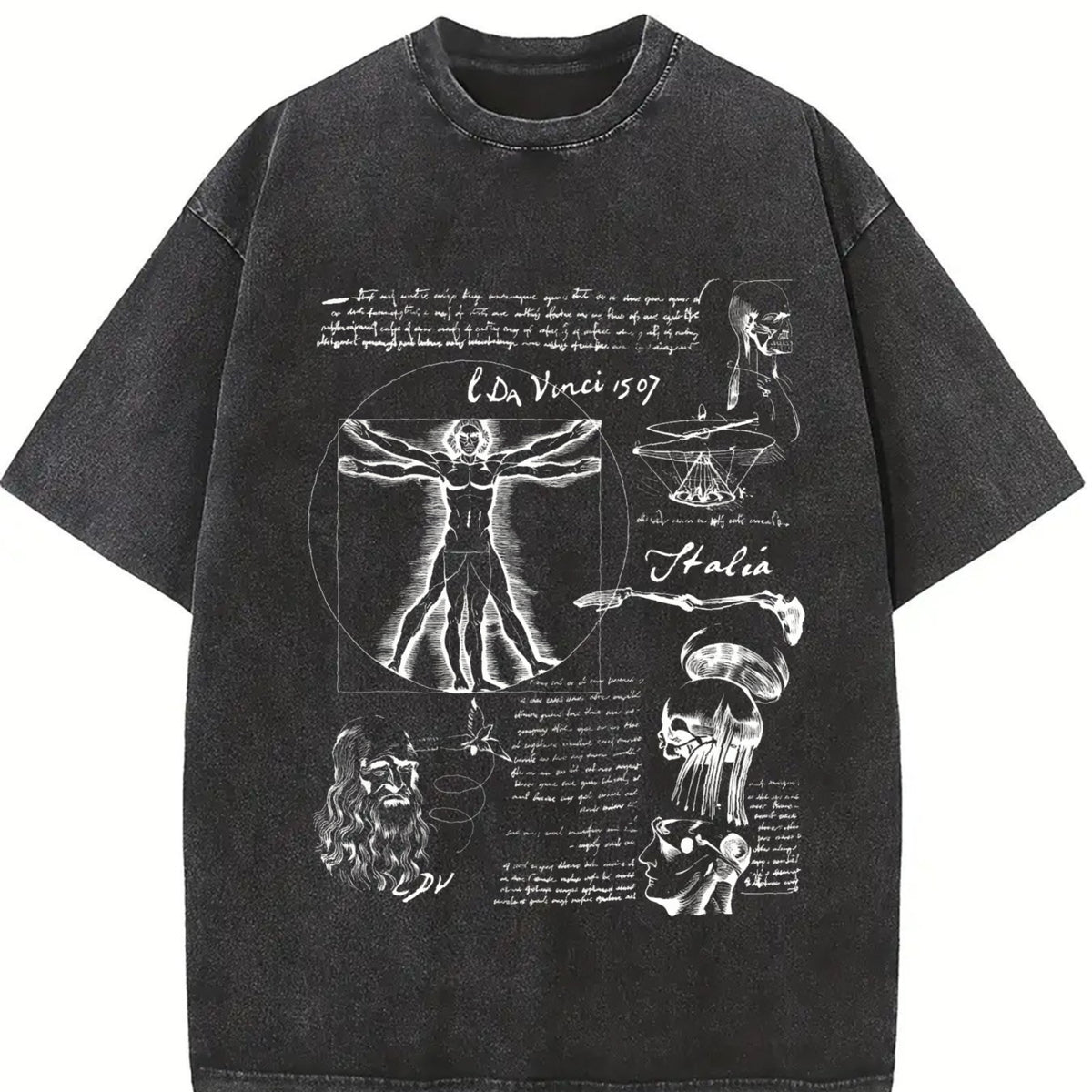 Da Vinci Vitruvian Man Vintage Washed T-Shirt in Black