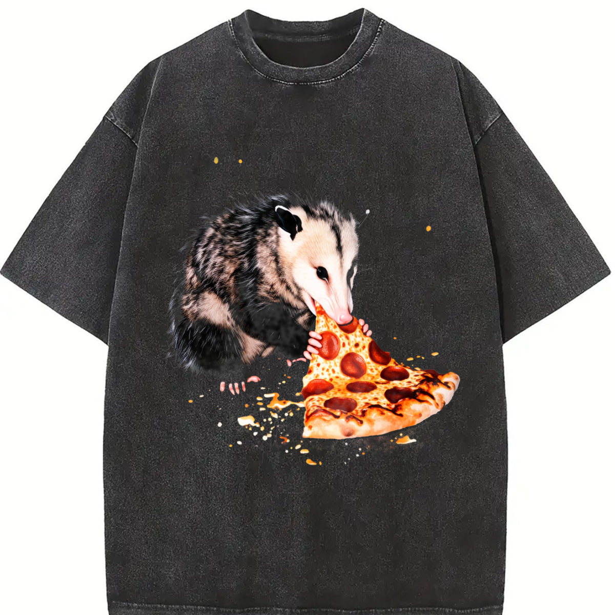 Opossum Eating Pizza Vintage Washed T-Shirt in Black