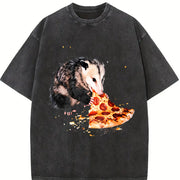 Opossum Eating Pizza Vintage Washed T-Shirt in Black