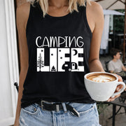 Camping Life Tree Tent Star Moon Crew-neck Sleeveless Vest Women's Color Cotton Tank Top in Black