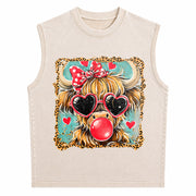 Highland Cow Valentine Coquette Valentine Heart Leopard Vintage Washed Tank Top in Beige