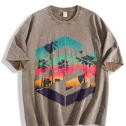 Tropical Sunset Palm Tree Sleeveless Tank Vintage Washed T-Shirt in Brown