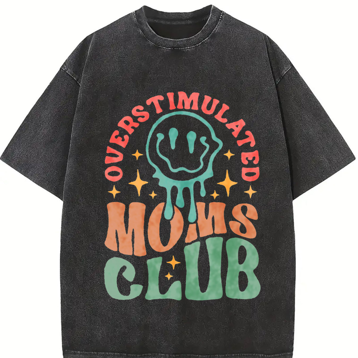 Overstimulated Moms Club Smiley Vintage Washed T-Shirt in Black