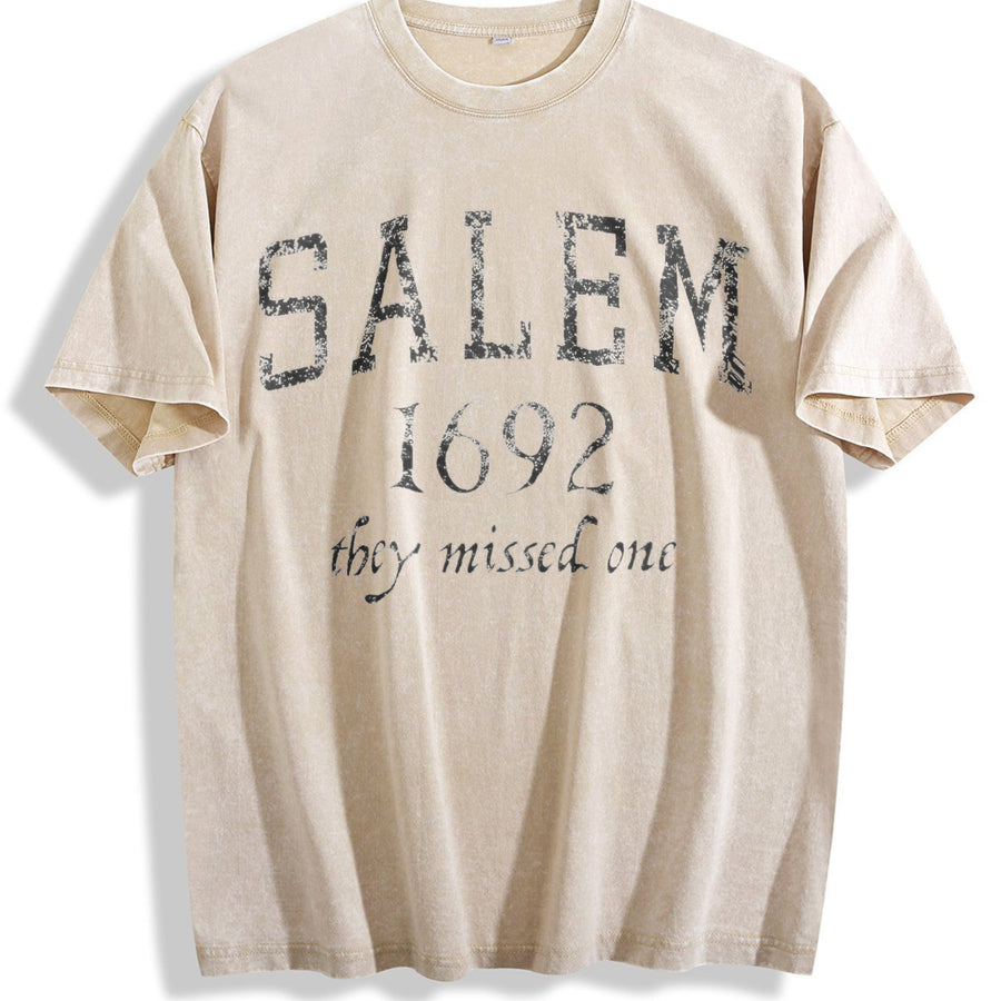 Salem Mass 1692 Halloween Witch Broom Joke for Ladies Cute Vintage Washed T-Shirt in Beige