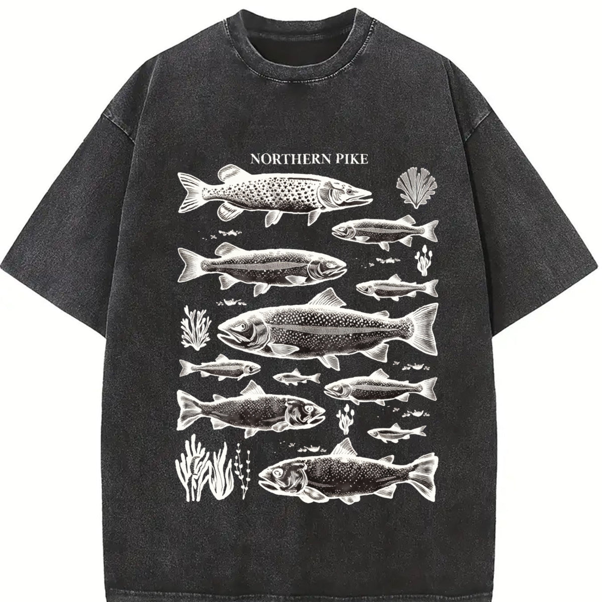 Northern Pike Fish 90s Vintage Washed T-Shirt in Black
