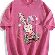 A Whimsical Cartoon Rabbit with Long Pink Ears Vintage Washed T-Shirt in Red