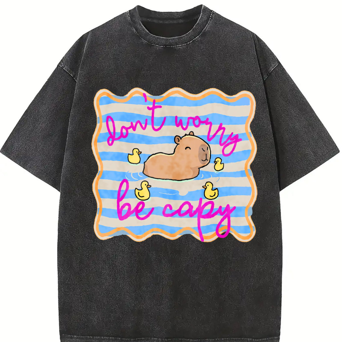 Don't Worry Be Capy Vintage Washed T-Shirt in Black