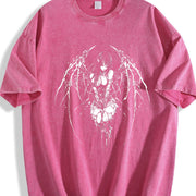 Gothic Y2k Anime Angel Black vintage washed oversized T-shirt in Red