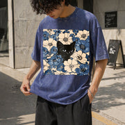 Black Cat Floral Vintage Washed T-Shirt in Blue