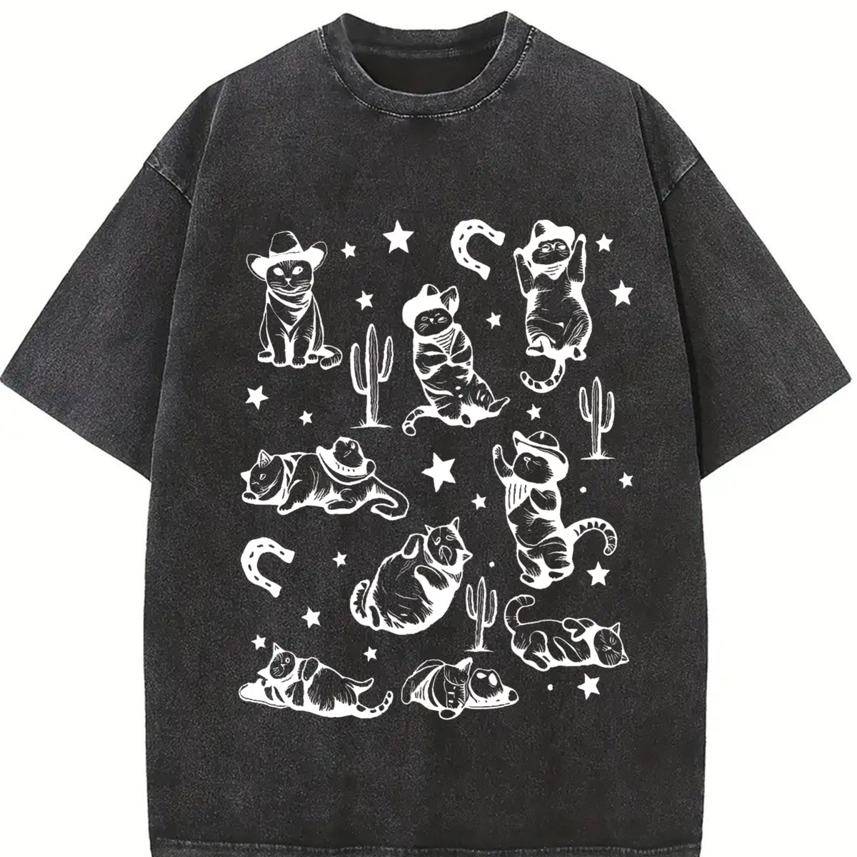 ® Cowboy Cats Retro Y2k Western Cats Vintage Washed T-Shirt in Black
