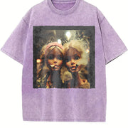 Two Glam Dolls Portrait Vintage Washed T-Shirt in Purple
