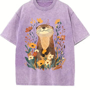 Botanical Otter & Plants Vintage Washed T-Shirt in Purple