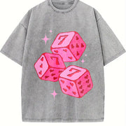 Pink Lucky 7 Dice Vintage Washed T-Shirt in Gray