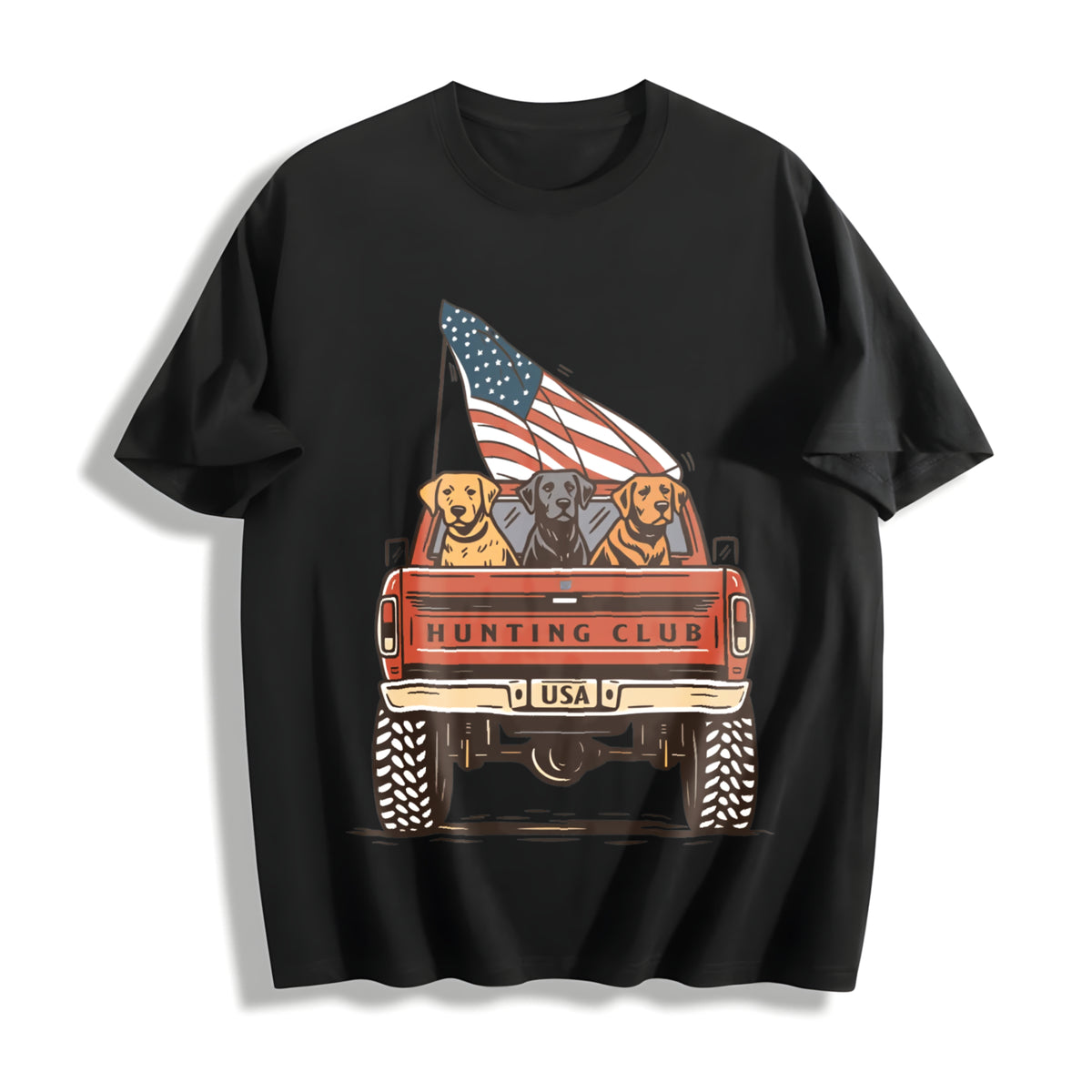 Labrador Hunting Club Patriotic Dog Lover USA Flag Truck Cotton T-Shirt in Black