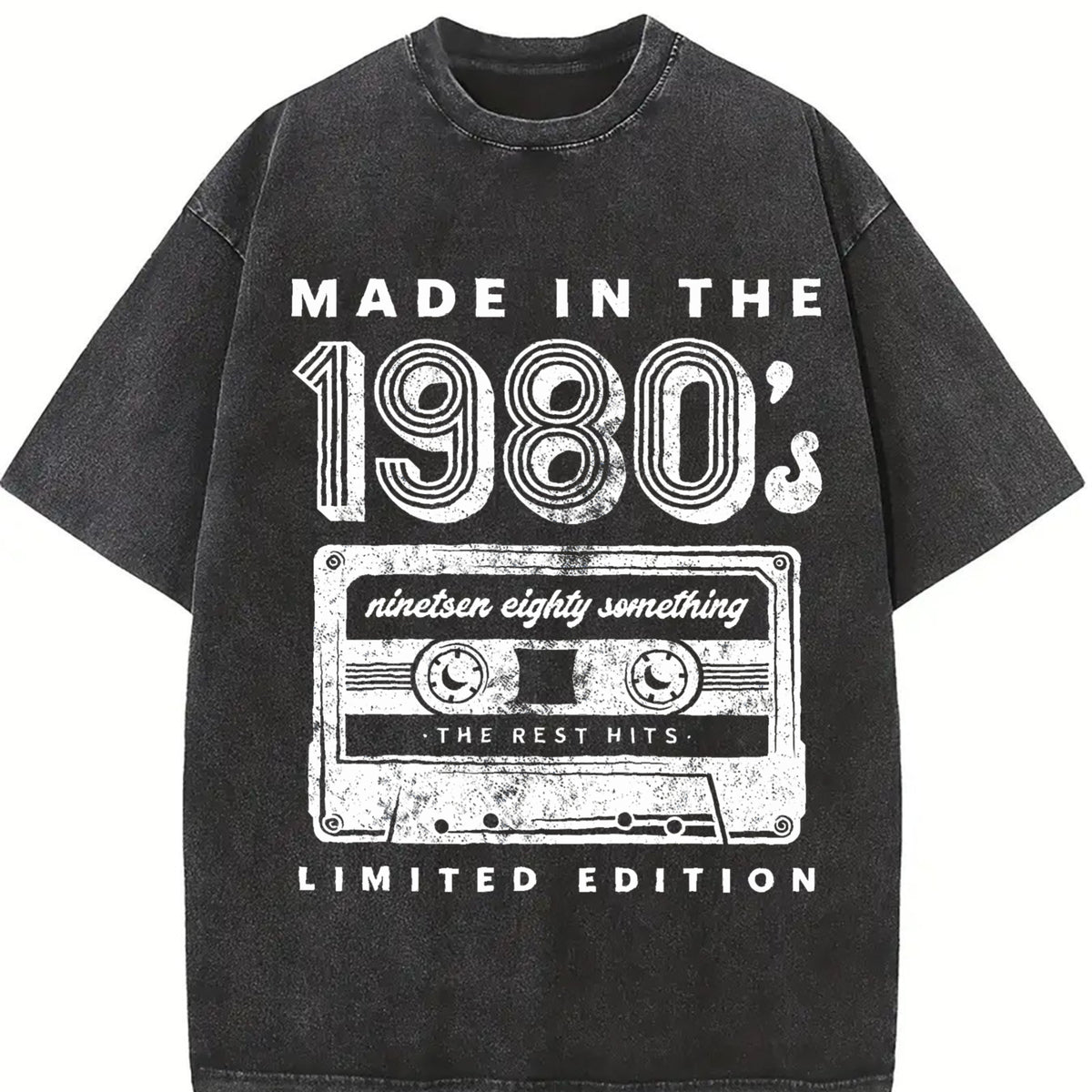 Made in the 1980s Retro Cassette Tape Music Cute Ladies Vintage Washed T-Shirt in Black