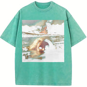 Cat in Water Meme Vintage Washed T-Shirt in Blue