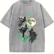 Horse Howling to Moon 90s Vintage Washed T-Shirt in Gray
