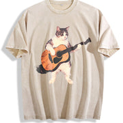 Guitar Cat Retro Music Cats Vintage Washed T-Shirt in Beige