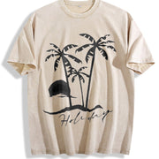 Beach Short-sleeved Sunset Beach for Spring Vintage Washed T-Shirt in Beige