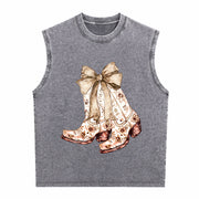 Cowgirl Chinoiserie Floral Boot Vintage Washed Tank Top in Gray