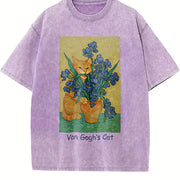 Van Gogh Cat Art Vintage Washed T-Shirt in Purple
