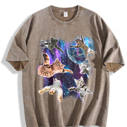 Cats Floating in Galaxy 90s Vintage Washed T-Shirt in Brown