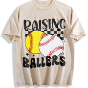 Retro Softball Baseball Vintage Washed T-Shirt in Beige