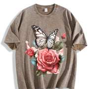Elegant S Floral Soft Breathable Pink Rose and Green vintage washed oversized T-shirt in Brown