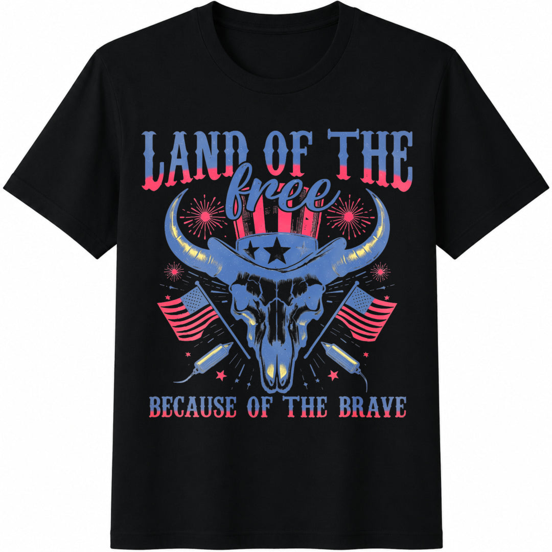Land of the Free Because of the Brave Cotton T-Shirt in Black