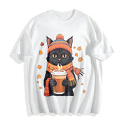 Black Cat with Hot Drink and Autumn Leaves Cotton T-Shirt in White