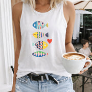Colorful Fish Hearts Women's Color Cotton Tank Top in White