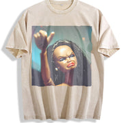 Angry Glam Doll Portrait Vintage Washed T-Shirt in Beige
