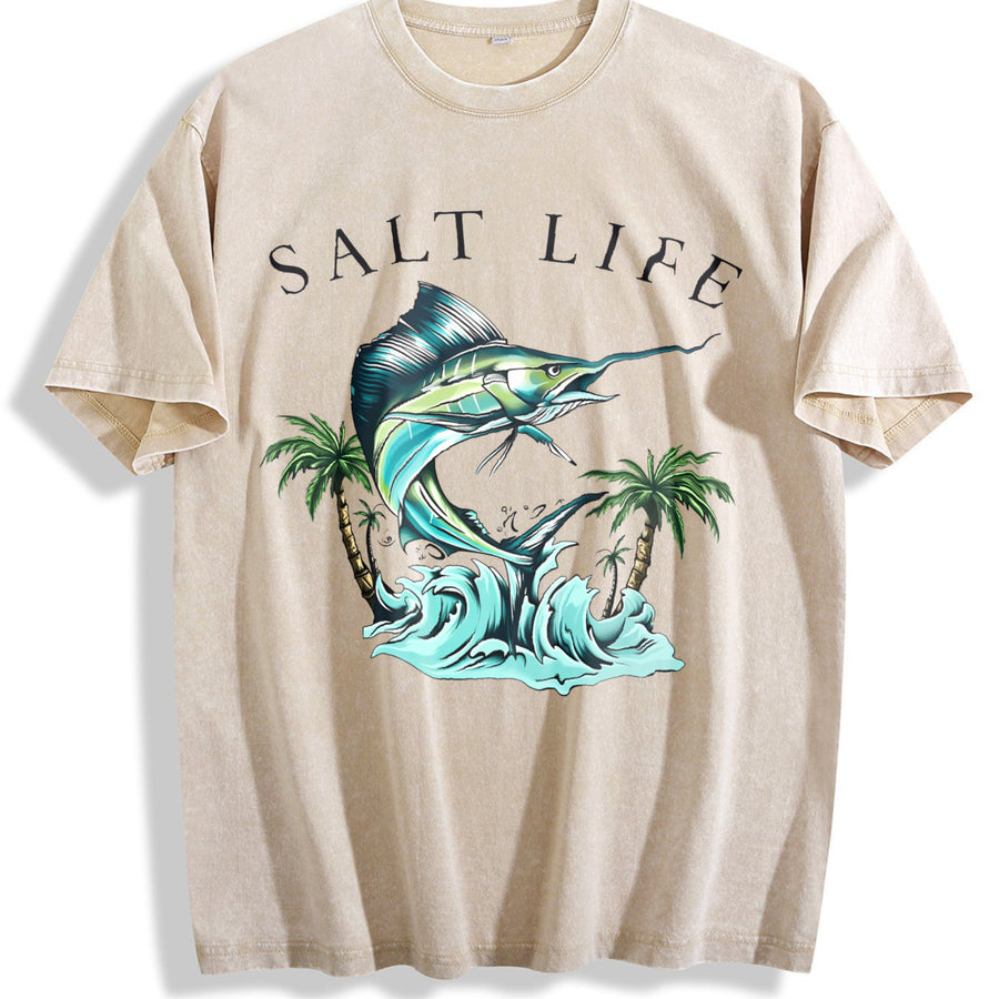 Saltwater Fishing Tank Vintage Washed T-Shirt in Beige