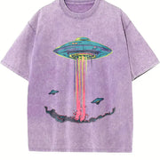 Retro Alien Abduction Vintage Washed T-Shirt in Purple