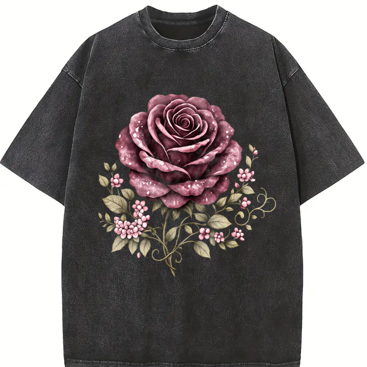 Skull Rose Dark Gothic (2d) Large Vintage Washed T-Shirt in Black