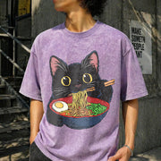 Cat Ramen Cute Vintage Washed T-Shirt in Purple